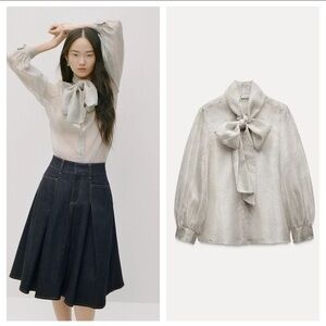 NWT Zara High Neck Puff Statement Sleeve Feminine Long Sleeve Blouse Top